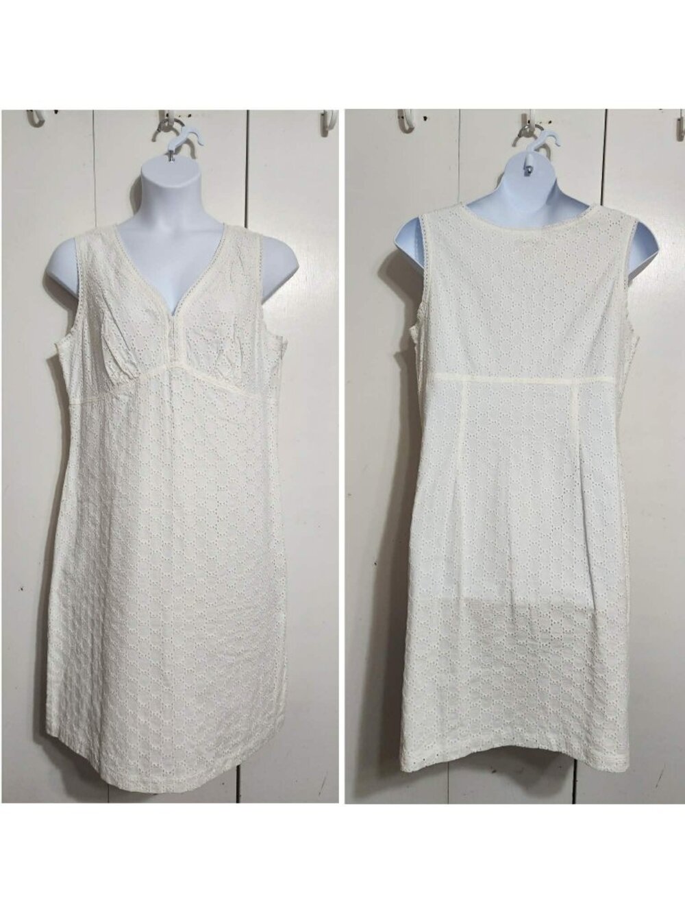 Liz Claiborne Eyelet Lace Dress Women 16 White Cotton V-Neck Sleeveless Sundress